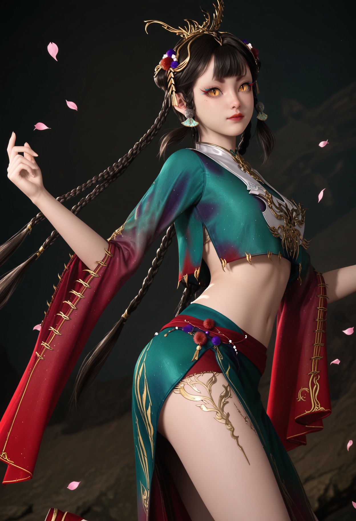 (cowboy shot:1.2),looking at viewer:1.1,masterpiece,(best quality),smog,Dark room,dim lighting,peach blossom,falling petals,<lora:YQ_Illustrious光辉v5_仙清儿_V1:0.8>,q1528437228,1girl,solo,hair ornament,black hair,braid,long hair,jewelry,makeup,earrings,chinese clothes,eyeshadow,mole under eye,brown hair,crop top,dress,yellow eyes,skirt,brown eyes,hair bun,hair rings,twin braids,multiple braids,double bun,green dress,blunt bangs,hair flower,long sleeves,red footwear,slit pupils,