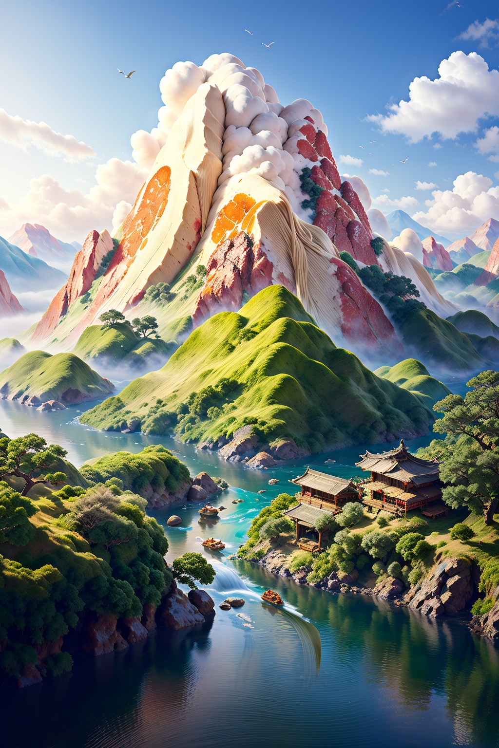 masterpiece,best quality,<lora:微缩世界-美食版>,miniature photography,a mountain formed by fruits,the river formed by noodles,the mountain formed by ginger,