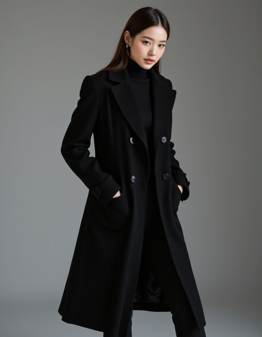 a real picture of a south korea woman,in Belted wool coat in a sleek\(black design\),