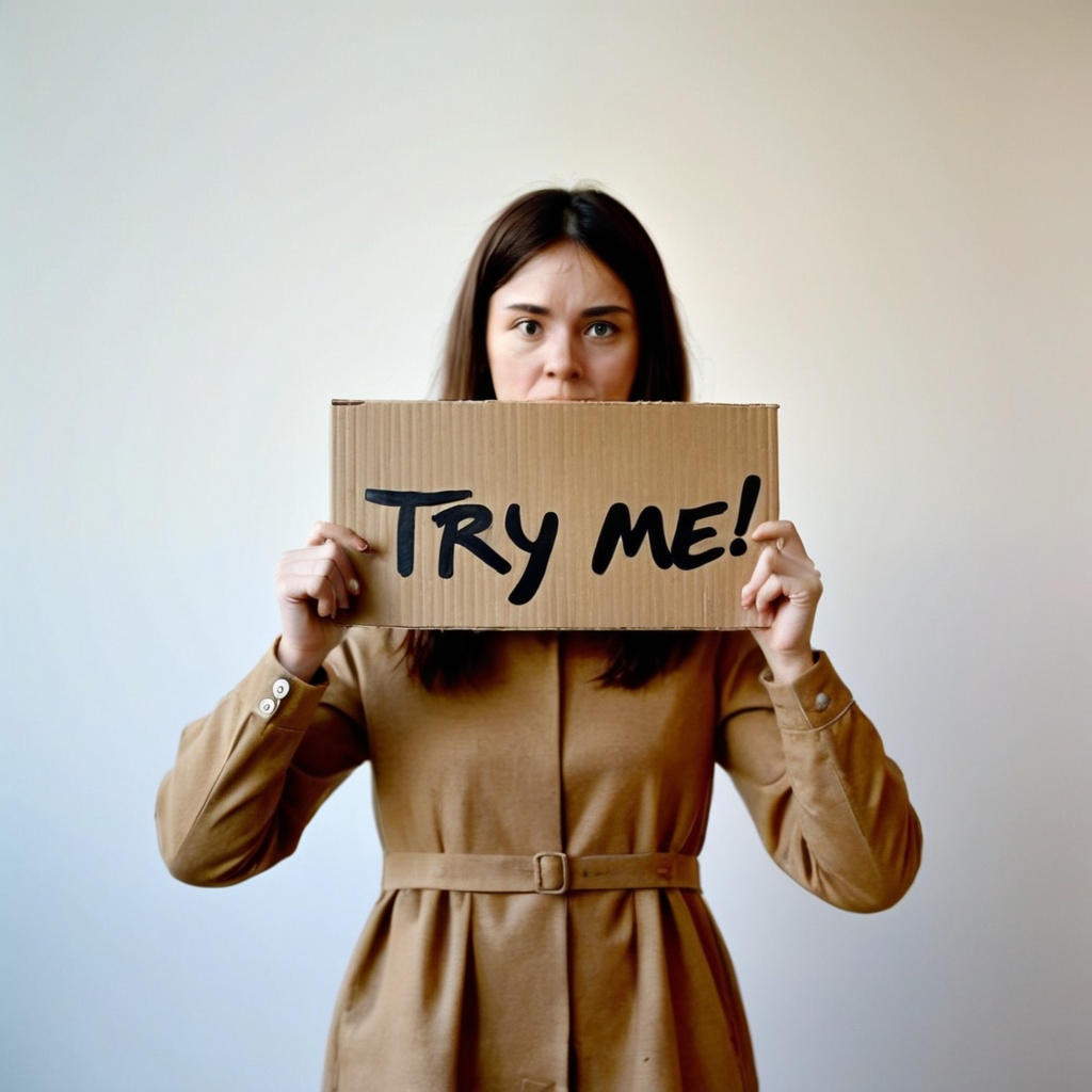 Woman holding cardboard TEXT: TRY ME on Tensor.Art