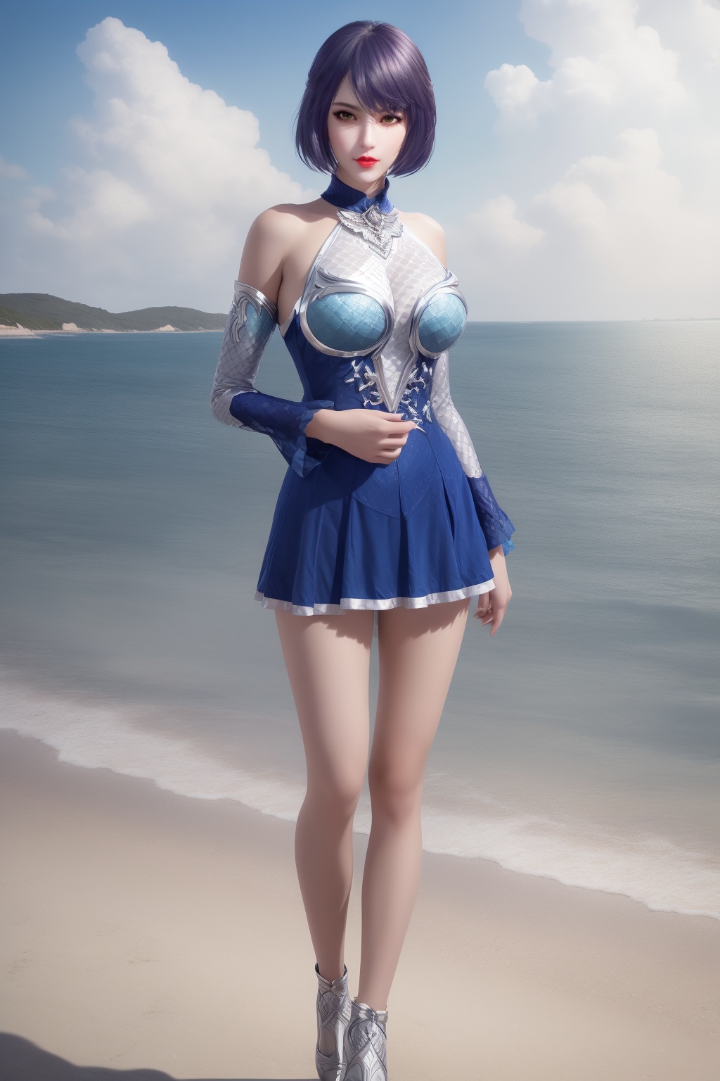 photo_\(medium\),(8k, RAW photo, best_quality),(masterpiece:1.2),(realistic:1.2),(photorealistic:1.3),(ultra-detailed),(extremely_detailed_cg_8k_wallpaper),(crystal_texture_skin:1.3),(shiny:1.2),(shiny_skin:1.4),(extremely_delicate_and_beautiful),(Summer,Beach,Sea,sunshine),shenfengDuGuYan,1girl,solo,short dress,charm,breasts,large breasts,detached sleeves,detached collar,short hair,standing,jewelry,hair ornament,red lips,realistic,looking at viewer,<lora:shenfengDuGuYan_20240506140926-000004:0.7>,