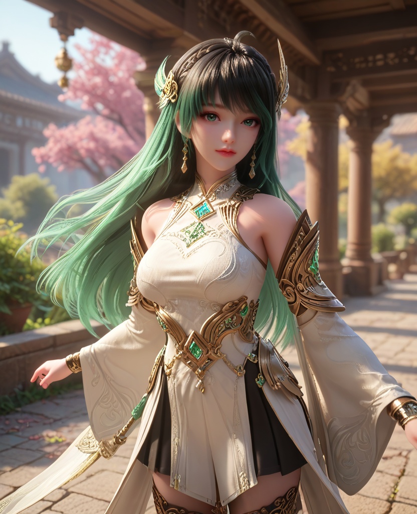 (oriental architecture, elegant decor, sophisticated style:1.1),(saluting:1.1),(breasts:1.2),<lora:XL16克金玩家林紫玥新手村:0.95>,miss linziyue,white corset top with coattails,black miniskirt,green eyes,aqua ombre hair,very long hair,hair ornament,jewelry,earrings,detached sleeves,black thighhighs,, score_9,score_8_up,score_7_up,score_6_up,score_5_up,score_4_up,3d rendering,tag1,tag2, Cinematic Lighting,backlighting,, zPDXL3, zPDXL2,zPDXL, zPDXLxxx, zPDXLrl,