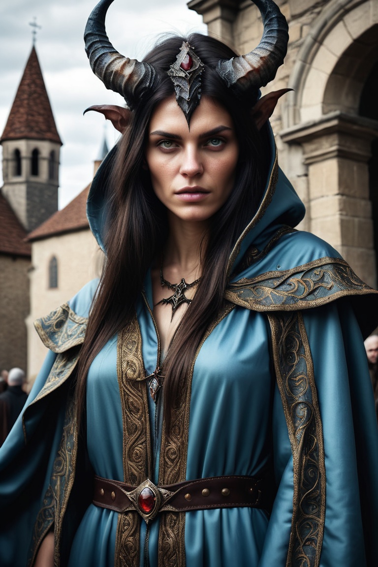 (monster) half demon young humanoid monster mage woman,  wears luxurious robe in a medieval capital ultra realistic ultra...