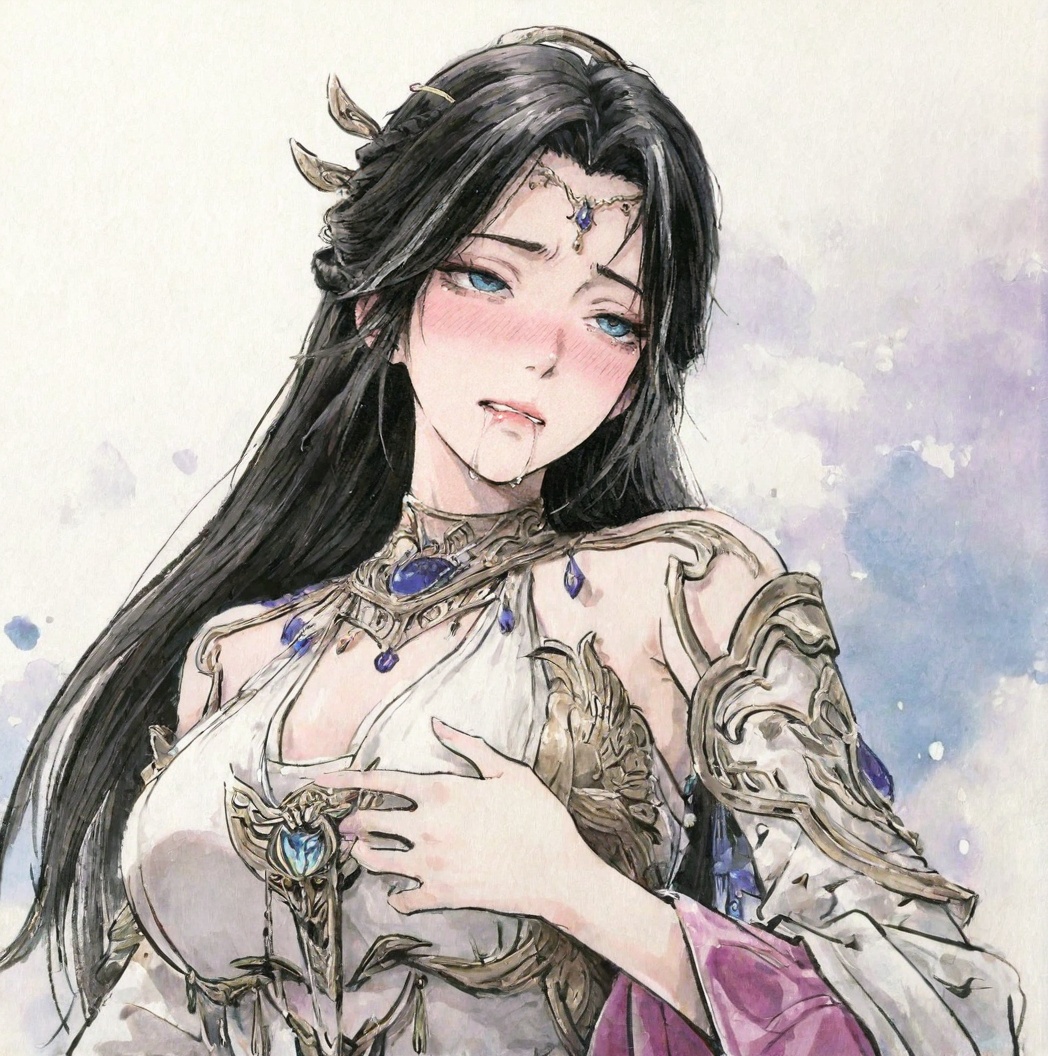 ((very awa)),solo,highly detailed,(best quality),((masterpiece)),1girl,chi,<lora:chi正则100nbXL:0.7>,painting \(medium\),watercolor \(medium\),ge,<lora:鸽正则nbXL:0.3>,<lora:魔女完美nbXL:0.7>,monv,long hair,black hair,dress,hair ornament,white dress,upper body,blue eyes,detached sleeves,drooling,rolling_eyes,blush,drooling,