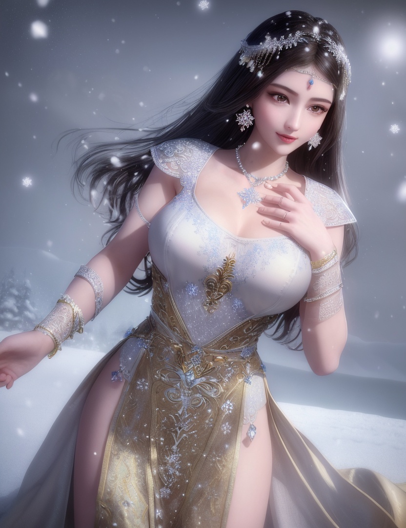 ultra realistic 8k cg, flawless, clean, masterpiece, professional artwork, famous artwork, cinematic lighting, cinematic bloom, perfect face, beautiful face, fantasy, dreamlike, unreal, science fiction,   lace, lace trim, lace-trimmed legwear, luxury, jewelry, diamond, gold, pearl, gem, sapphire, ruby, emerald, intricate detail, delicate pattern, charming, alluring, seductive, erotic, enchanting, hair ornament, necklace, earrings, bracelet, armlet,halo,autumn,((,1girl, pov,best quality, ))  , ((((1girl, solo,outdoors, large breasts,,snowflakes,  snow, snowing,   ))))    <lora:DA_BaiCai:0.7>