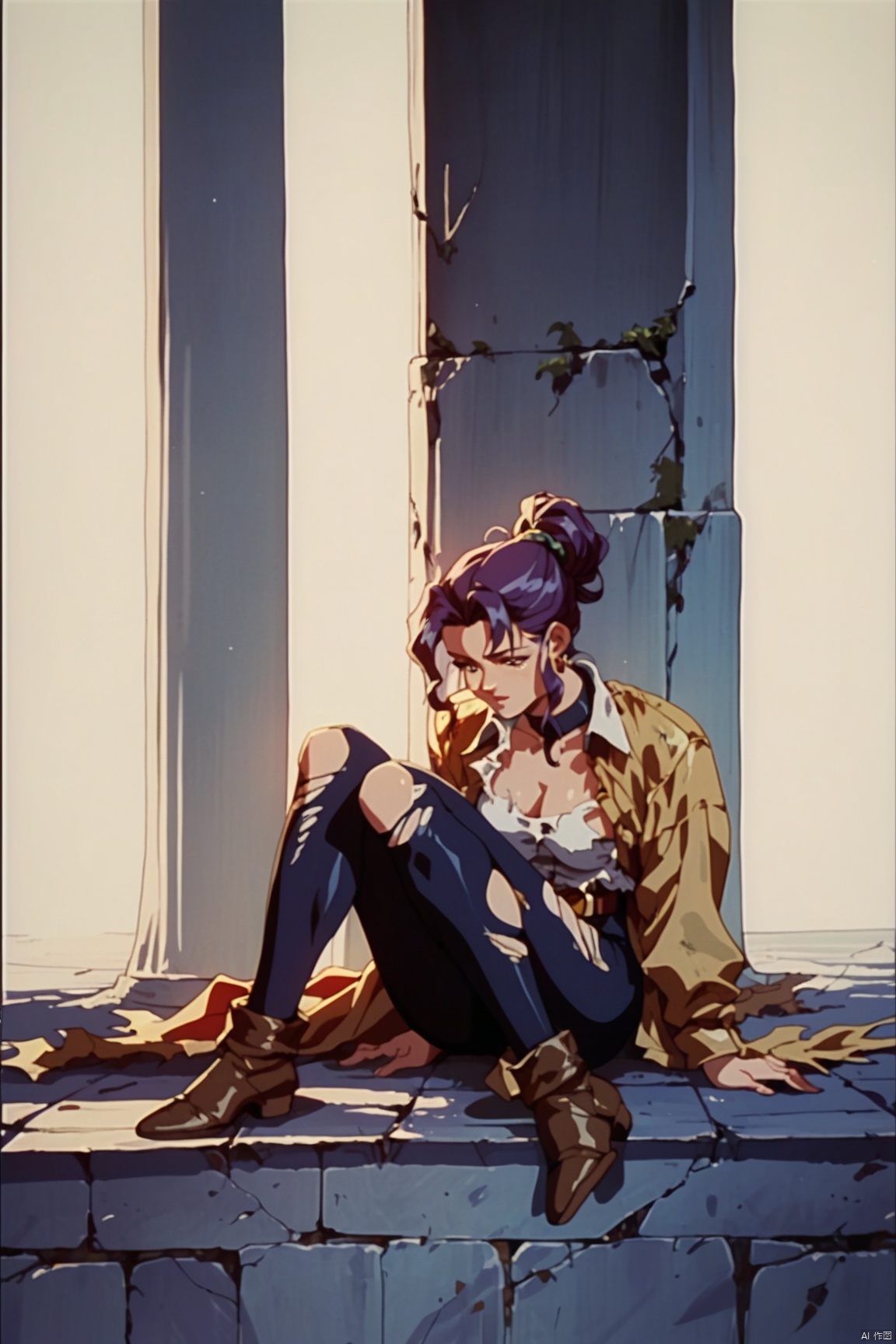 score_9,score_8_up,score_7_up,score_6_up, retro artstyle, 1980s (style),1girl, solo, torn clothes, torn legwear, full body, sitting