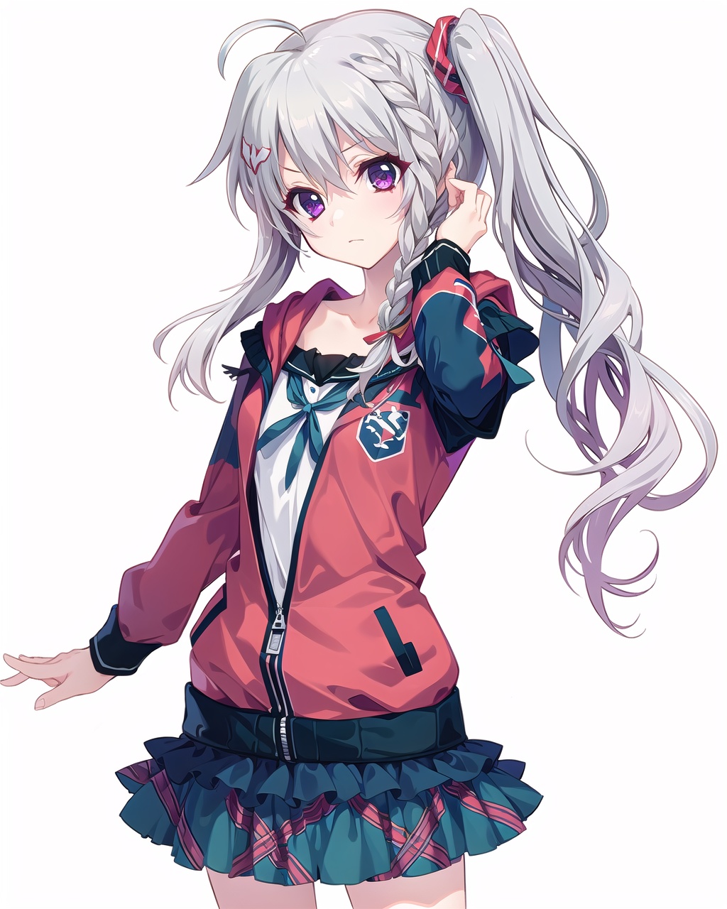niimisora,white hair,purple eyes,ahoge,side ponytail,side braid,sora jacket, sora skirt,, masterpiece,best quality,