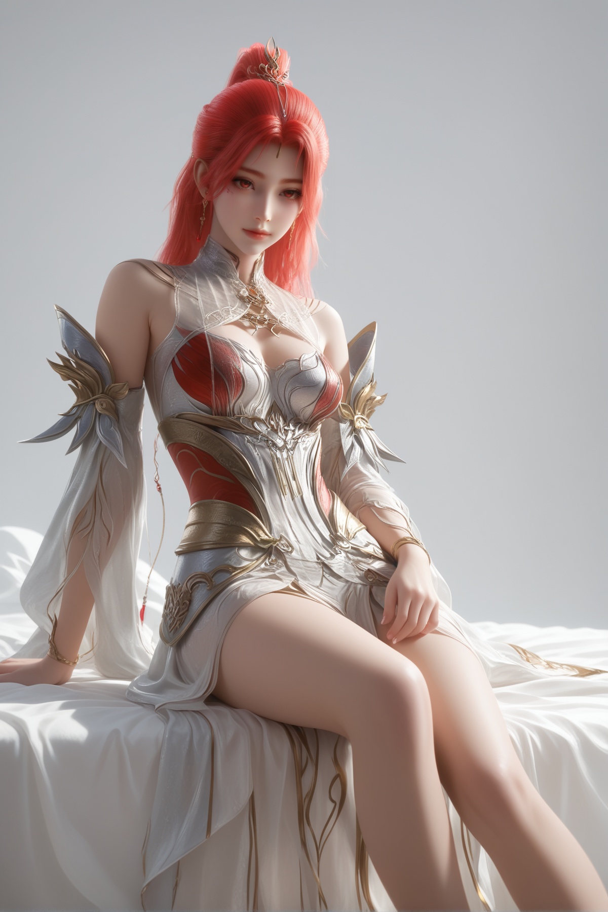 masterpiece,best quality,realistic,cinematic,detail eyes,(ultra-detailed),perfect composition,intricate details,absurdres,detailed face,high quality,high res,8K,<lora:X_huoyuner_IL3.0:0.8>,red hair,red eyes,ponytail,1girl,long hair,breast,medium breast,hair_ornament,dress,bare_legs,sitting,simple background,white_background,bed,