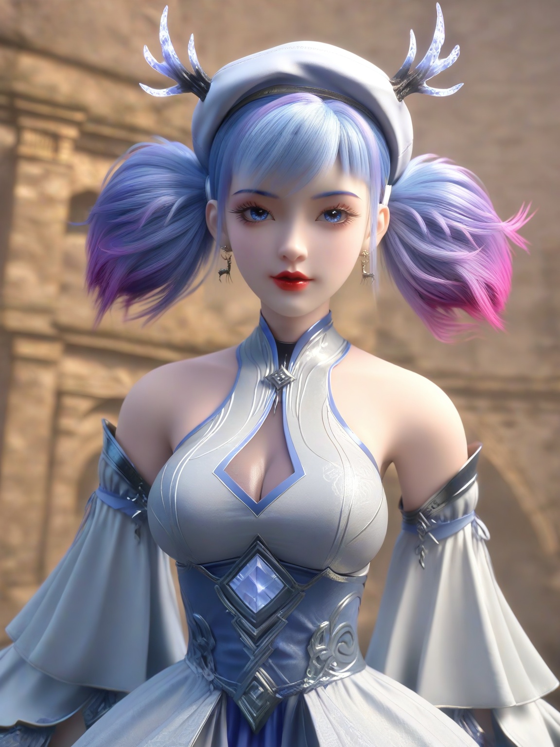 score_9,1girl,breasts,large breasts,standing,solo,eyeshadow,bangs,bare shoulders,beret,detached sleeves,dress,earrings,gradient hair,multicolored hair,lipstick,simple background,   looking at viewer,upper body,<lora:SF_XiaoMiLu_Pony_Realism2.3-000003:0.7>,