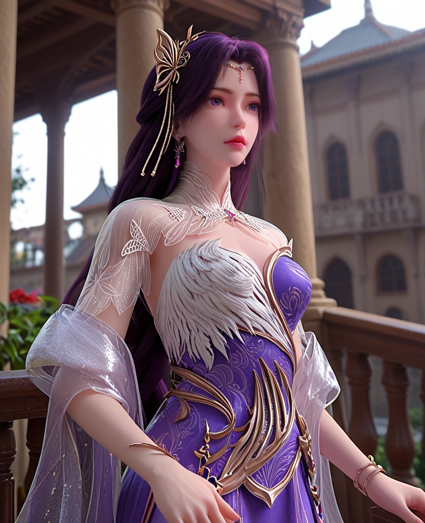 (oriental architecture, elegant decor, sophisticated style:1.1),taking escalator,putting hand on handrail,(breasts:1.2),<lora:XL完美世界云曦成女>,miss yunxi,solo,purple dress of side slit,see-through bolero,white feather trim,hagoromo,see-through petticoat,purple eyes,purple hair,long hair,braided ponytail,hair ornament,bracelet,earrings,jewelry,, zPDXL2, score_9, score_8_up, score_7_up BREAK realistic, masterpiece,best quality, highly detailed,, zPDXL3, zPDXL2,zPDXL, zPDXLxxx, zPDXLrl,