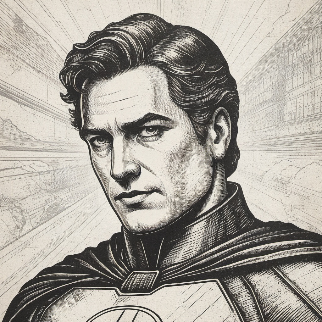 superman, close-up,etching, thick line outline,minimalism,convex plate printing, flat illustration, retro, black and white, artistic, rich texture details