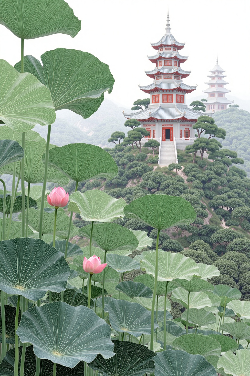 beijihui,The image depicts a serene scene with a traditional pagoda situated in a lush, green landscape. The pagoda is multi-tiered, with each level slightly smaller than the one below, and is painted in a light grayish-white color with red accents. It stands prominently on a small hill surrounded by dense trees. In the foreground, there are large, broad green leaves of lotus plants, with a few pink lotus flowers blooming among them. The leaves are intricately detailed, showcasing veins and textures. The background is misty, with faint outlines of additional pagodas and trees, creating a peaceful and tranquil atmosphere. The overall composition blends natural elements with traditional architecture, evoking a sense of harmony and cultural heritage.
