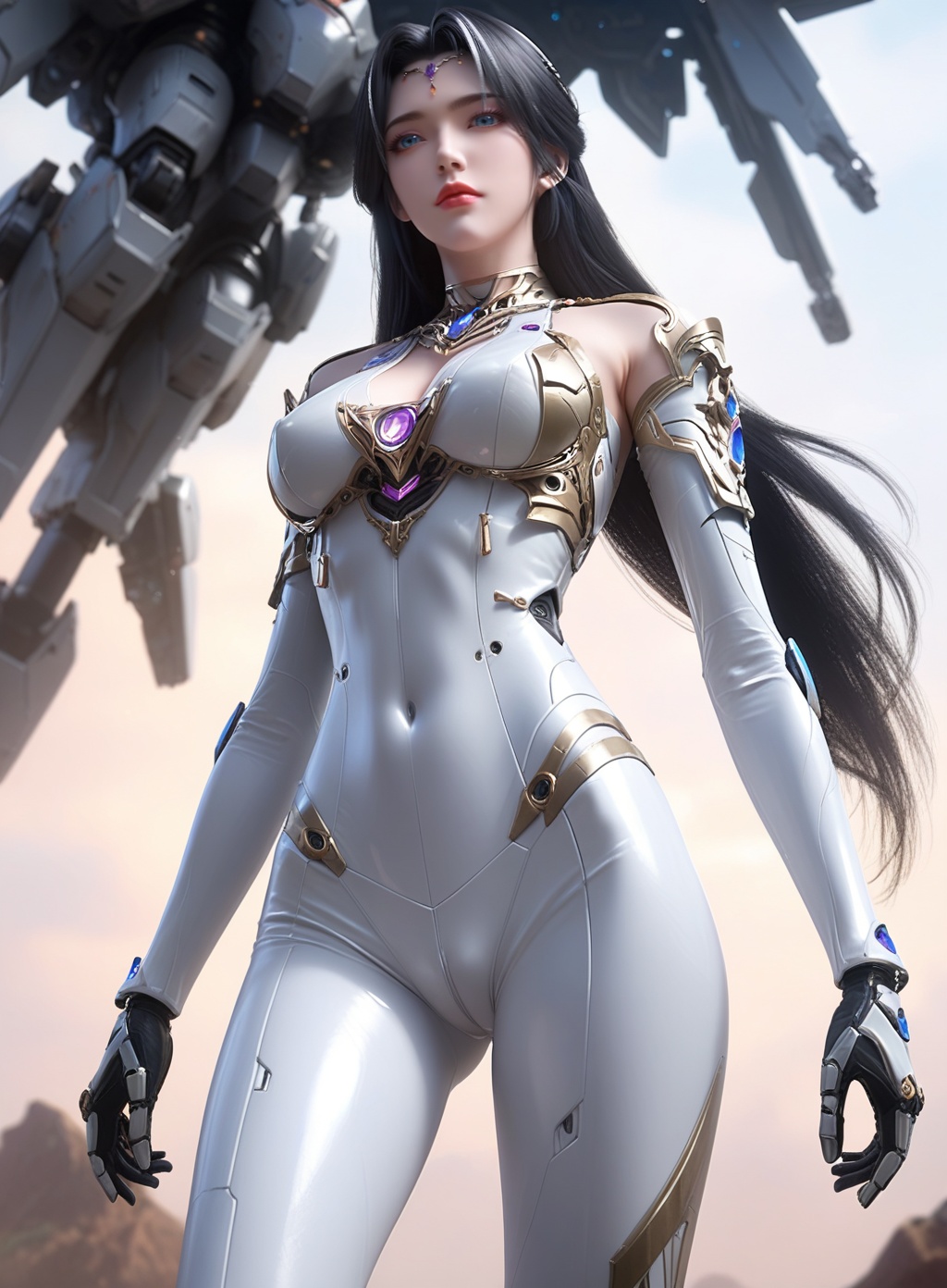 score_9,score_8_up,score_7_up,1girl,solo,breasts,long hair,blue eyes,bodysuit,lips,mecha musume,medium breasts,covered navel,cowboy shot,science fiction,skin tight,joints,<lora:wy_monv_XL5.0:0.8>,black hair,