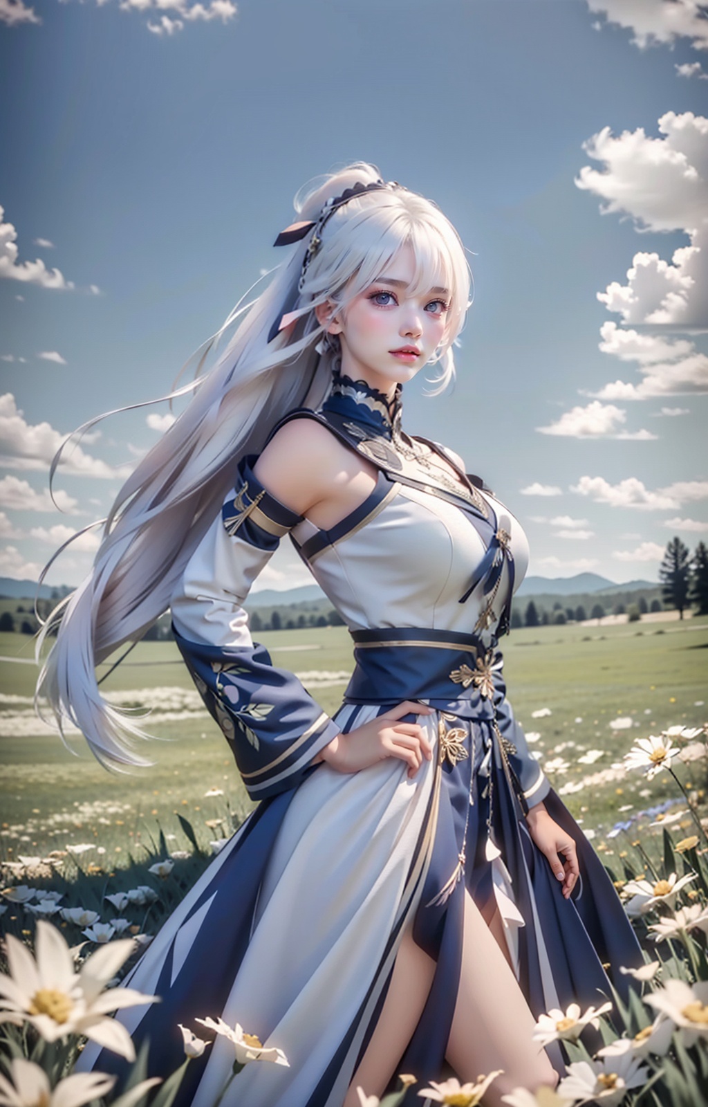a woman in a costume standing in a field of flowers with her hands on her hips and her hair blowing in the wind,Du Qiong,final fantasy,a character portrait,fantasy art,absurdres,highres,wallpaper,colorful,thick eyebrows,pupils,bright_pupils,makeup,eyeshadow,lipstick,long_eyelashes,mascara,face_focus,eyes_focus,front view,looking_at_viewer,<lora:王者荣耀-杨玉环:0.9>,white hair,
