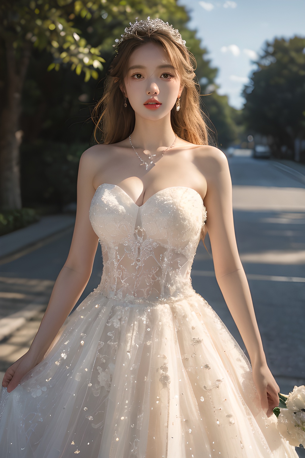 (masterpiece:1.3),(best quality:1.3),(photorealistic:1.4),see-through,midriff,pantyhose,(large breasts:1.2),yaosi,(street:1.4),(ultra detailed:1.3),unity 8k wallpaper,realistic,1girl,beautiful,smile,Big eyes more details,hair in the back of the head,a pearl necklace around the neck,(wedding dress:1.4),bright color,standing on the lawn,blue sky,floret,white clouds,soft light,early summer at seven in the morning,Jewelry,necklace,(8k, RAW photo, best quality, masterpiece:1.2),(realistic, photo-realistic),professional lighting,photon mapping,radiosity,Extreme Light and Shadow,  <lora:YG梦中婚纱6:0.75>,