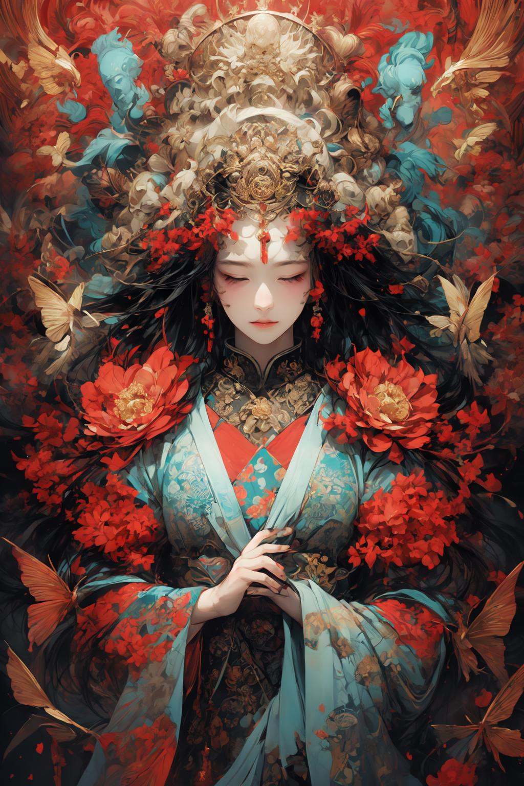 abstract art, (style of Yuko Shimizu:1.3), (red theme:1.1), gold theme, golden butterflies, dark stars, 1girl, field of white flowers, , facing viewer, <lora:EMS-1495-EMS:1>, <lora:EMS-14851-EMS:0.8>