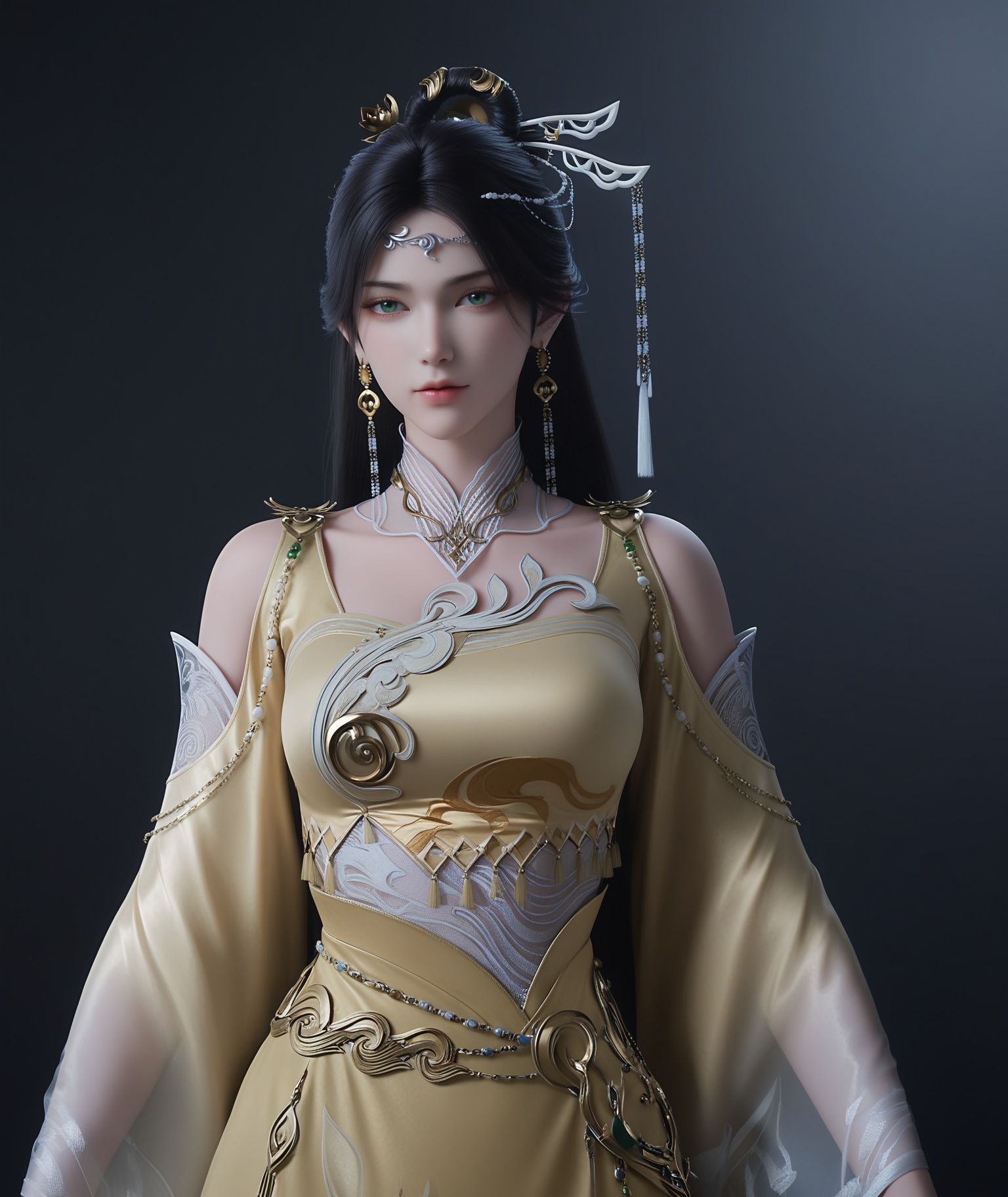 masterpiece,best quality,absurdres,highres,BREAK(glamor:1.1),slender,1girl,solo,<lora:金瓶儿-ill:0.82>,jingpinger,long hair,black hair,hair ornament,earrings,jewelry,green eyes,shoulder cutout,wide sleeves,yellow dress,see-through,looking at viewer,front view,standing,BREAKsimple background,black background,rim light,Tyndall effect,Volumetric Lighting,Cinematic Lighting,realistic,depth of field,
