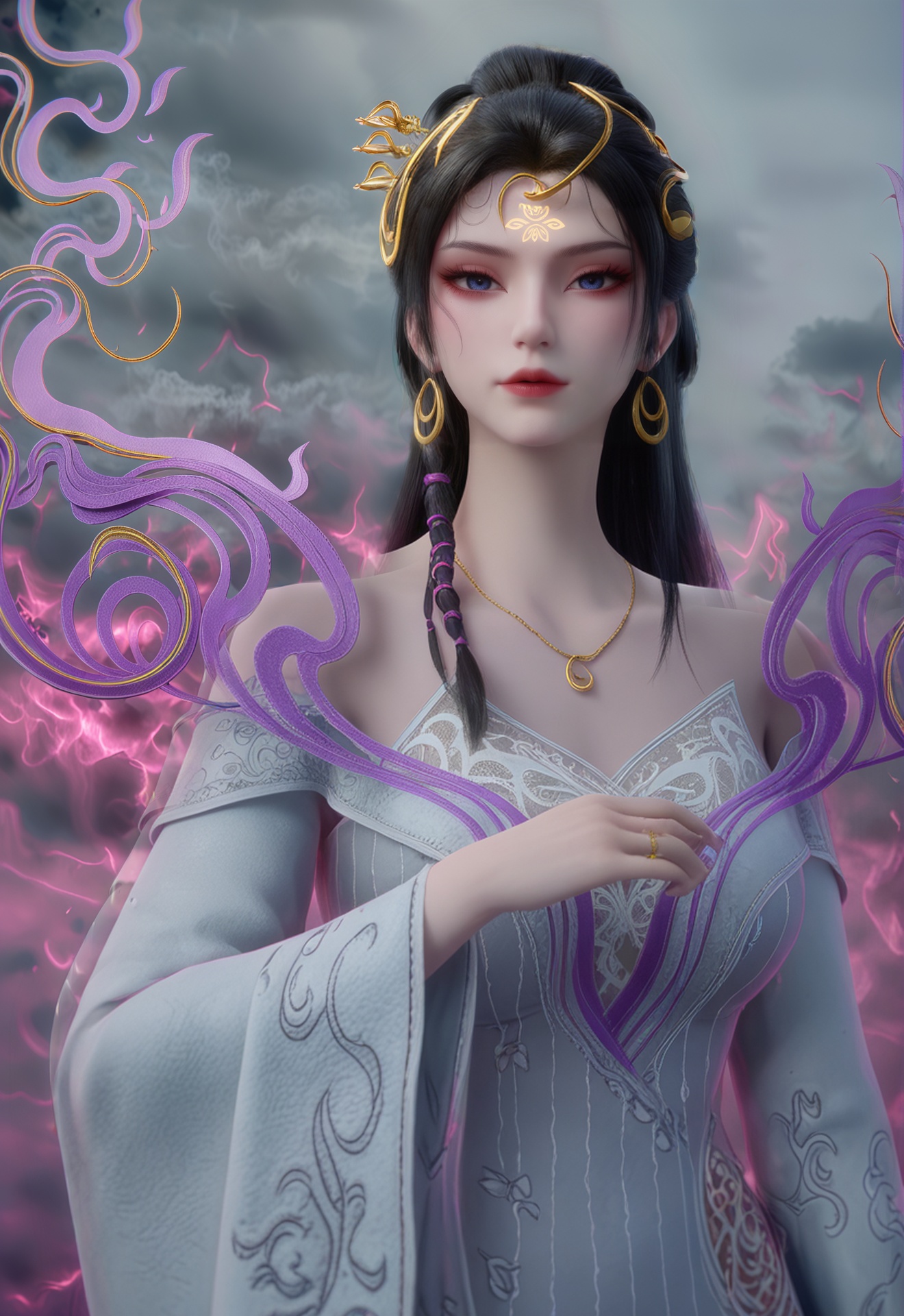 score_9,<lora:魅姬(1):0.8>,1girl, jewelry, earrings, solo, hair ornament, upper body, white background, black hair, long hair, smoke, dress, holding, bare shoulders, forehead mark, necklace