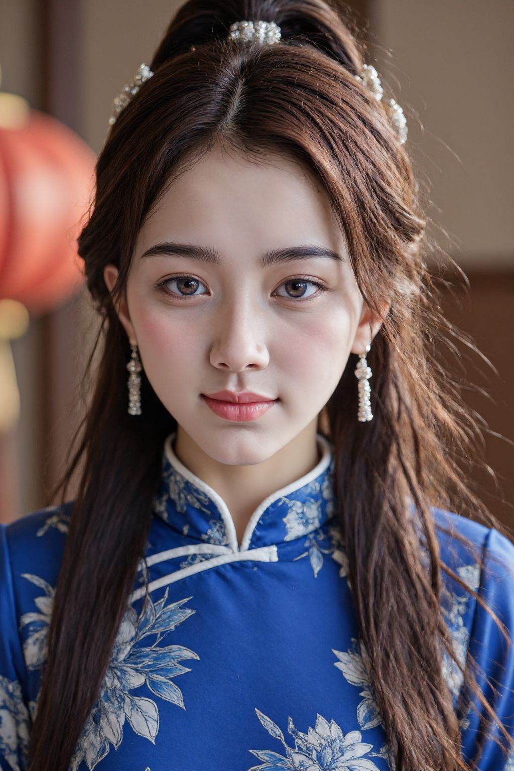 HDR photo of cinematic film still, girl with long hair and brown eyes, wearing a blue chinese dress,
