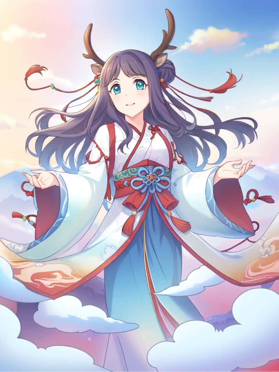 (Masterpiece:1.4),(Illustration:1.2),dynamic angle,floating,(solo),(a girl:1.3),(only girl),(bun hair),(long hair),(Elk antlers:1.3),(deer ear:1.2),(Detailed beautiful face:1.3),(Symmetrical face),(detailed Symmetrical eyes),(detailed beautiful Wide Sleeves hanfu),(Colorful auspicious clouds:1.3),(Colorful),Chinese ink,color ink,((China-Chic Illustration)),Oriental Art,Chinese Painting,((Chinese fad Illustration)),<lora:pcr-xl-fp8-lokr-000001:0.8>,
