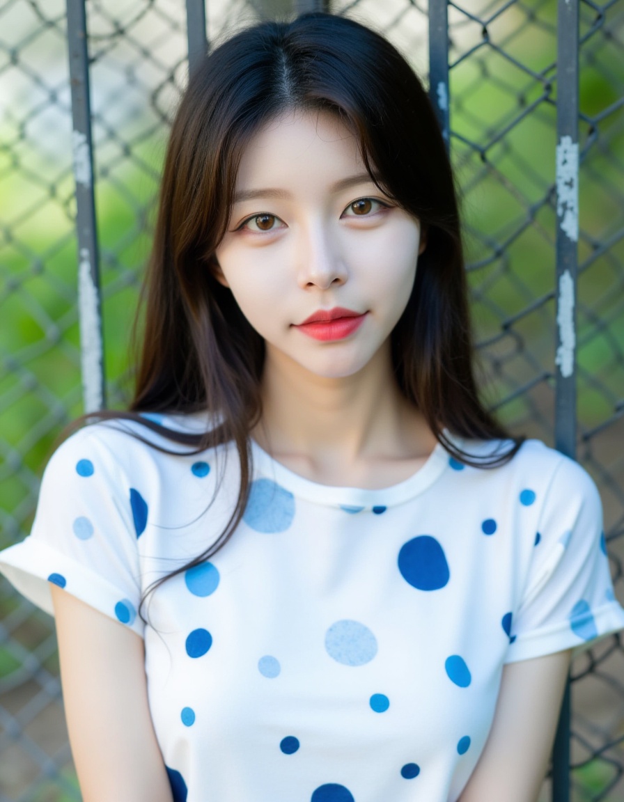 A photograph of a young East Asian woman with straight, long black hair and bangs, wearing a white short-sleeved shirt with blue and dark blue polka dots. She has fair skin, a slim build, and is standing in front of a metal chain-link fence, with greenery visible in the blurred background. Her expression is neutral, and she has a delicate, natural makeup look with red lipstick.