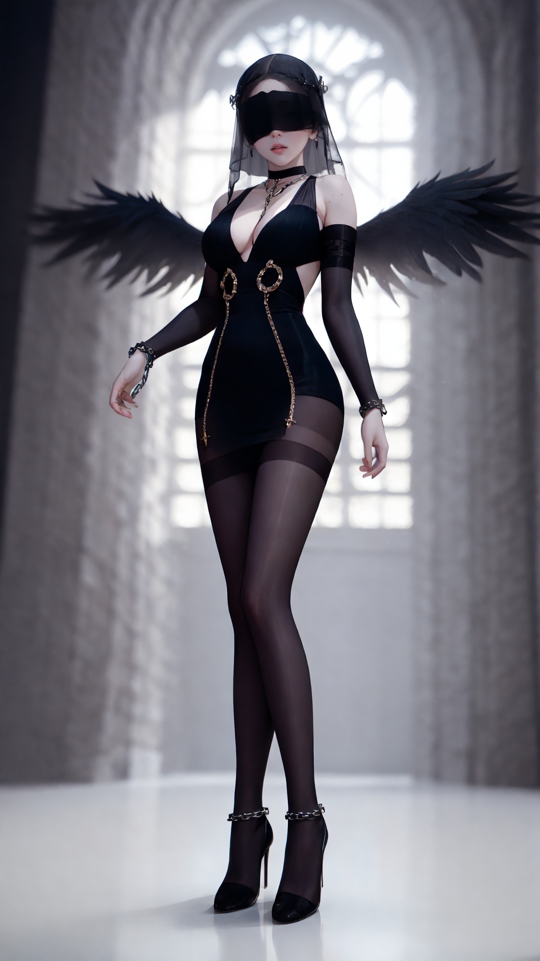 black_pantyhose,tutututu,high heels,Epic CG masterpiece, a woman dressed in an angelic outfit in chains, delicate face, hdr,dtm, full ha,8K, ultra detailed graphic tension, dynamic poses, stunning colors, 3D rendering, surrealism, cinematic lighting effects, realism, 00 renderer, super realistic, full - body photos, super vista, super wide Angle, rich details, highest quality, extremely exquisite, Black background1girl, chain, wings, solo, blindfold,  jewelry, veil, choker, ring, own hands together, angel wings, feathered wings, ((covered eyes)),<lora:Angel_20231023144902:0.35><lora:tutuJG_00008:0.85>