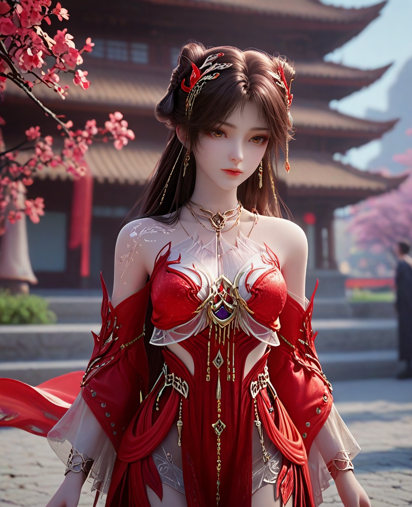 (oriental architecture, elegant decor, sophisticated style:1.1),beckoning,(breasts:1.2),<lora:XL16完美世界火灵儿天神境:0.95>,miss huolinger,solo,red dress,brown eyes,brown hair,absurdly long hair,double bun,hair ornament,jewelry,detached sleeves,bracelet,, zPDXL2, score_9, score_8_up, score_7_up BREAK realistic, masterpiece,best quality, highly detailed,, zPDXL3, zPDXL2,zPDXL, zPDXLxxx, zPDXLrl,