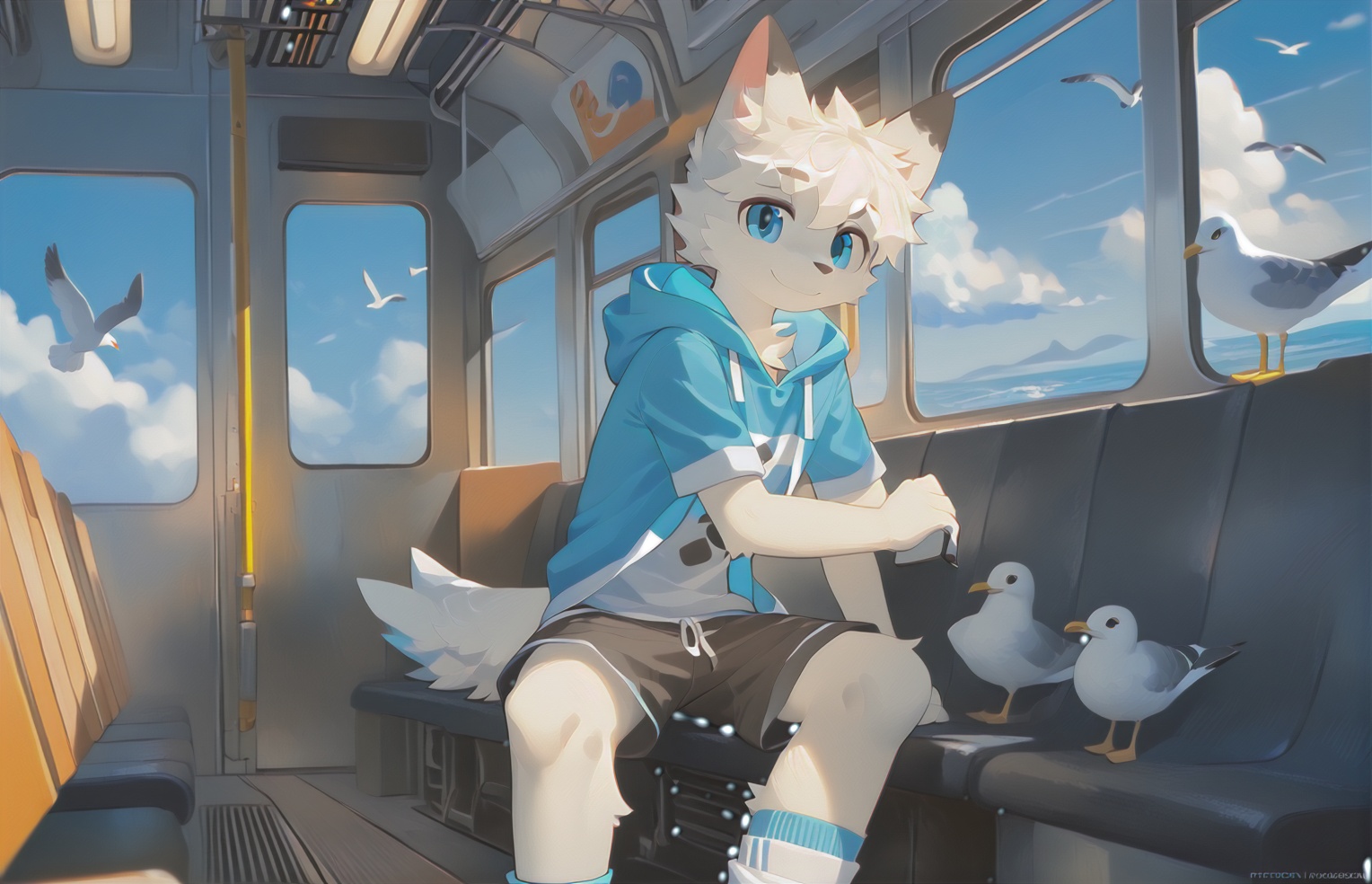solo,smile,short hair,blue eyes,1boy,animal ears,sitting,closed mouth,white hair,short sleeves,male focus,outdoors,sky,shorts,day,socks,artist name,cloud,hood,blue sky,hoodie,bird,ocean,ground vehicle,furry,white fur,train interior,seagull,source_furry,anthro,