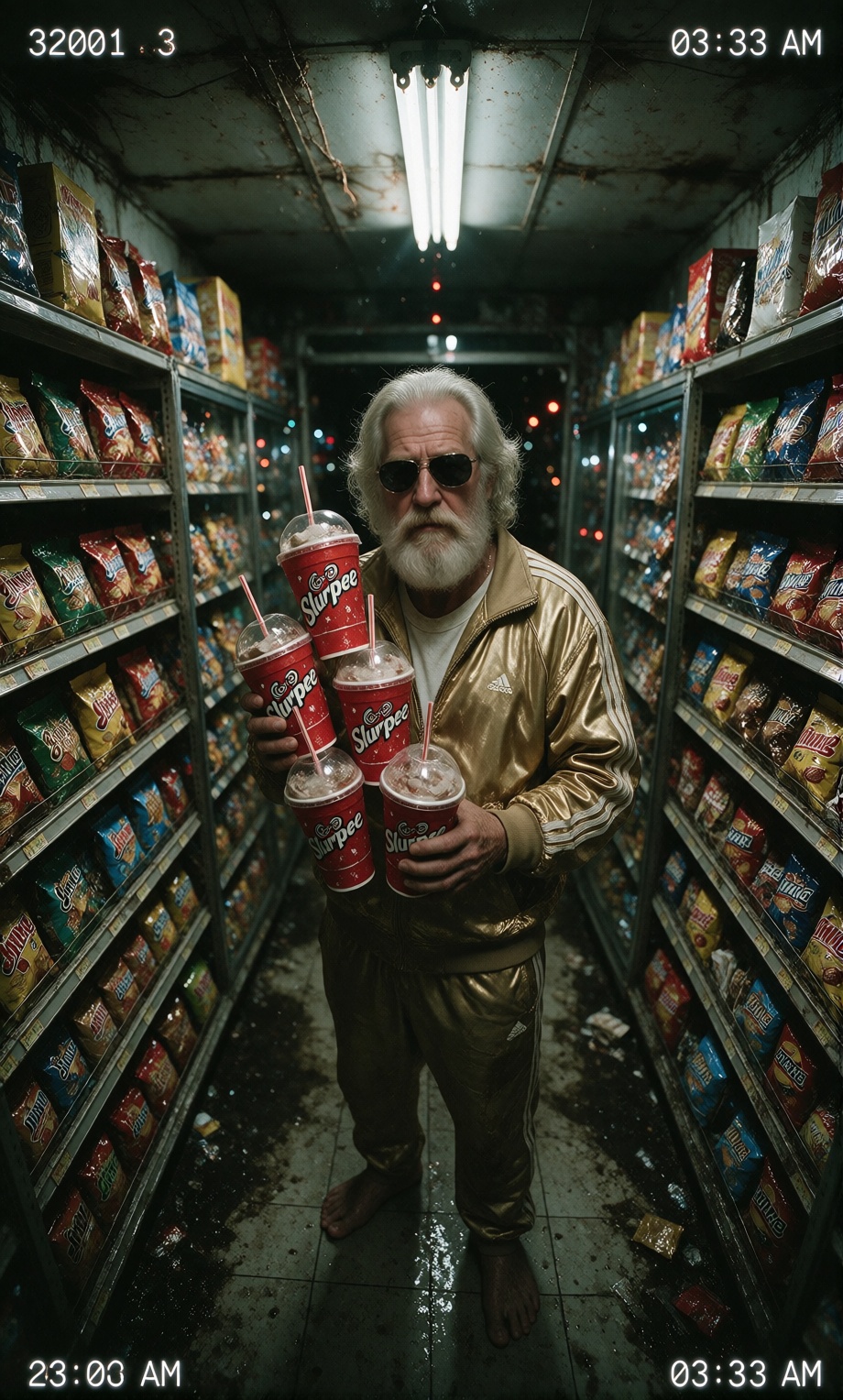 grainy 2001 security camera still,  elderly man in a gold tracksuit standing barefoot in a convenience store aisle,  holdi...