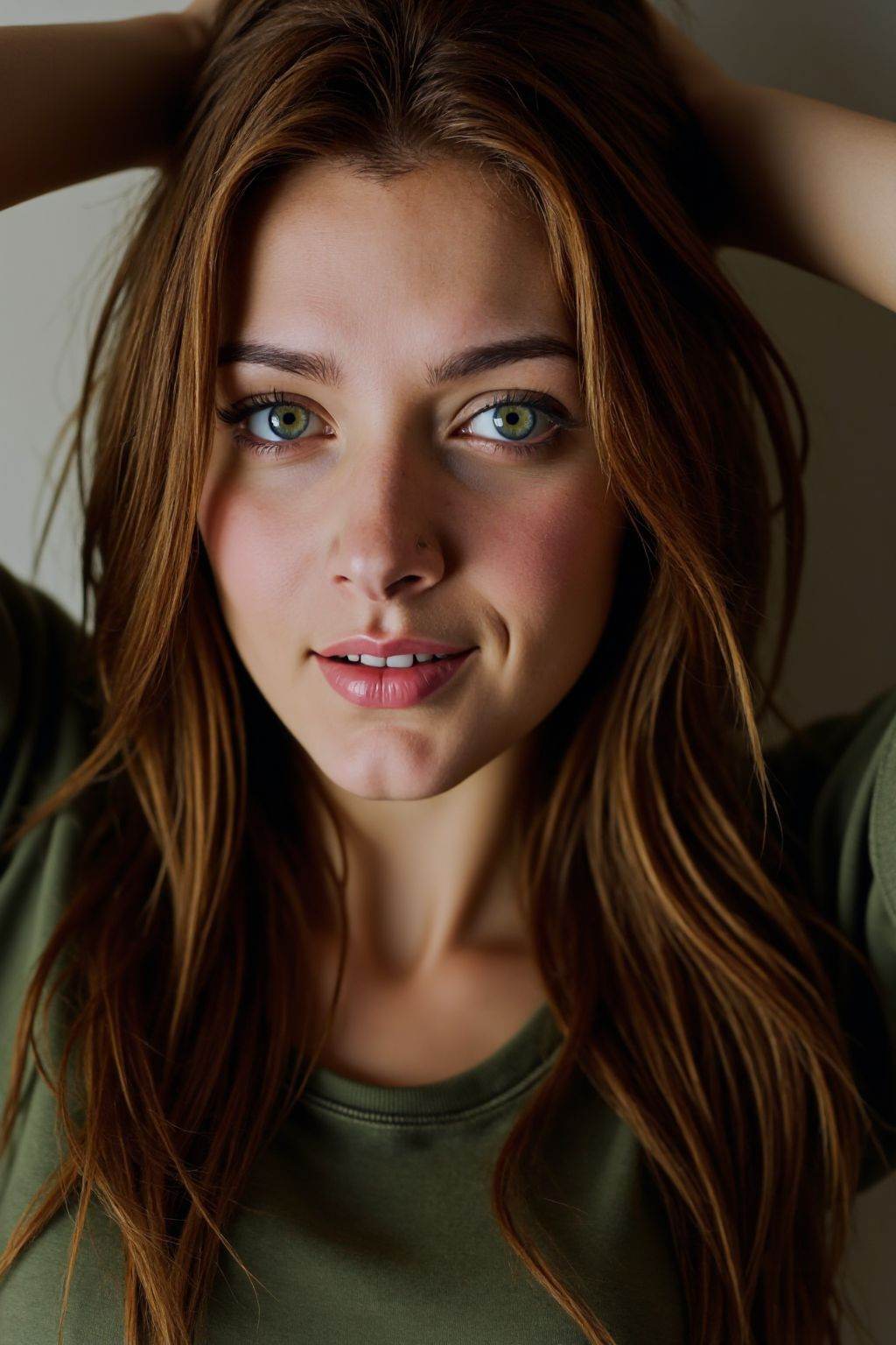 cinematic film still HDR photo of 1girl,solo,long hair,looking at viewer,smile,brown hair,shirt,green eyes,upper body,teeth,arms up,lips,realistic,