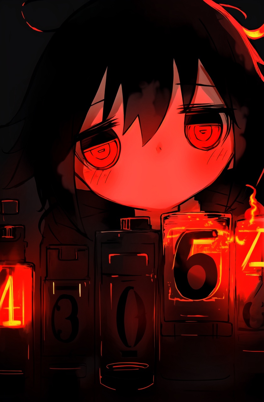 masterpiece,best quality,absurdres,1girl, black hair, red eyes,  ahoge, looking at viewer,Test tube, glowing number,upper body,dark,glowing,black background,