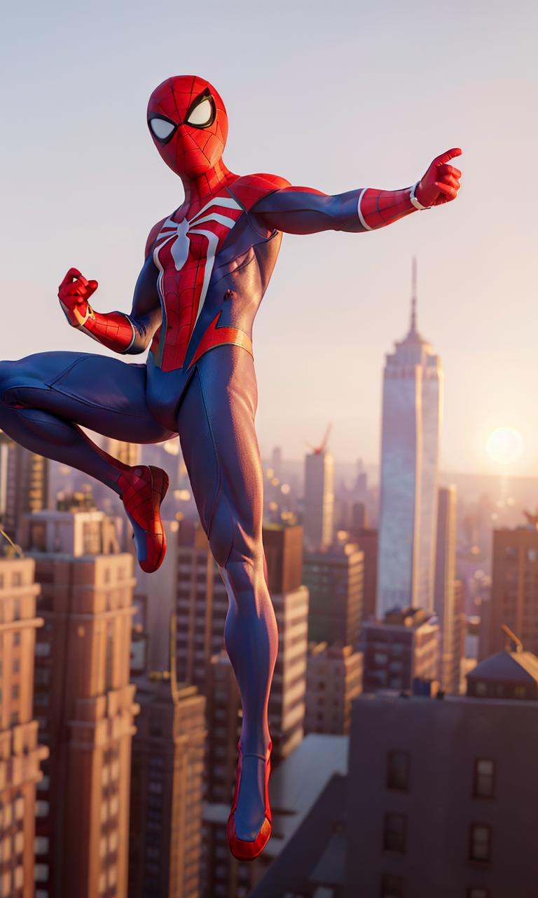 spideyadv2,  man flying through city,  muscular on Tensor.Art