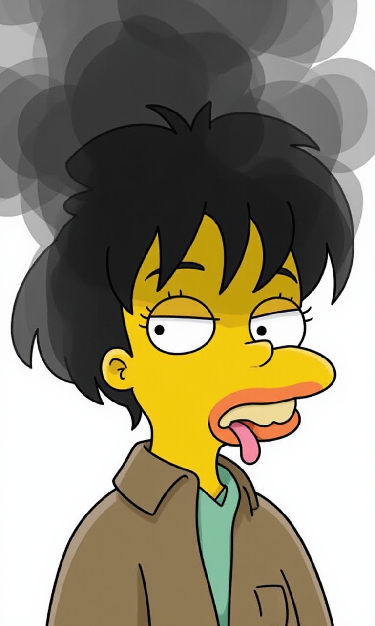 This is a high-definition cartoon-style image. "The Simpsons."fashion portrait,close-up portrait,a Chinese girl **** of black smoke,dynamic vision,bailing_darkness,black smoke,(1girl),Vaguely a girl **** of smoke., white background, <lora:辛普森v2:1>