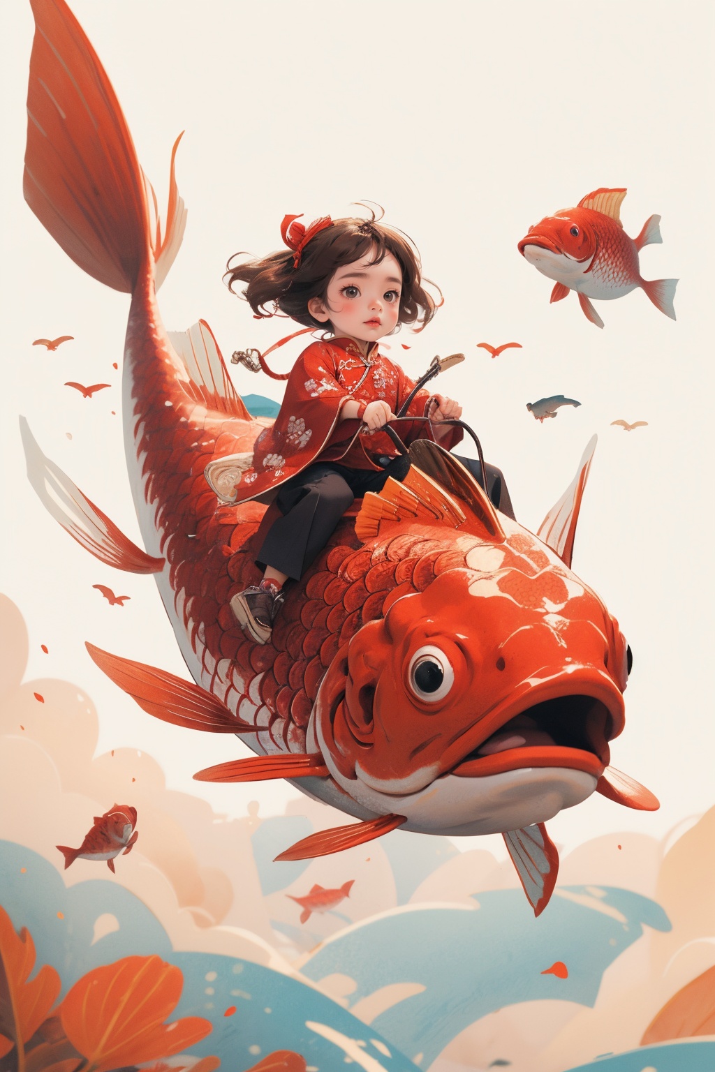 1girl,red fish,kid,chinese clothing,masterpiece,best quality,ultra-detailed,riding,<lora:麻袋2024-003:0.8>,