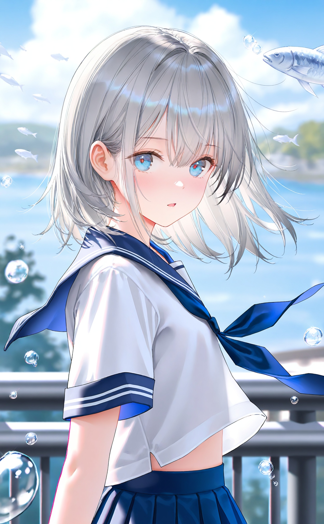 masterpiece,very aware,(highres),absurdres,newest,best quality,high quality,loli,petite,chromatic_aberration,white_background,//,1girl,solo,school uniform,serafuku,skirt,sky,looking at viewer,blue eyes,blue sky,blue skirt,sailor collar,blue neckerchief,fish,short sleeves,neckerchief,pleated skirt,blue sailor collar,outdoors,cloud,shirt,hair between eyes,white shirt,grey hair,midriff peek,water drop,parted lips,medium hair,day,blush,upper body,looking to the side,from side,bubble,open mouth,//,year_2023,year_2024,(artist:ningen_mame:0.9),(artist:sho_(sho_lwlw):0.9),(artist:rhasta:0.9),(artist:wlop:0.7),(artist:ke-ta:0.6),(fkey:0.5),(fuzichoco:0.6),artist:chen bin,(artist:atdan:0.8),(artist:hyouuma:0.8),//,official art,depth of field,detailed light,blurry background,best shadow,shiny skin,cinematic lighting,ray tracing,amazing quality,very aesthetic,absurdres,beast quality,ultra detailed,newest,8K,HDR,
