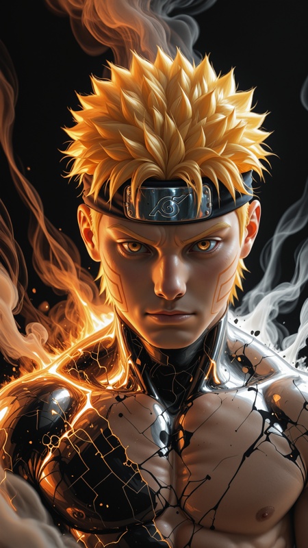 high_quality, highres, beautiful, detailed, (masterpiece, best quality:1.2), absurdres, 8k, HDR, 1boy, A man , close up, solo, naruto uzumaki, dual-tone image,dissolve, smoke, geometric patterns, dynamic posing, black background, neon light, three_quarter_view, <lora:DetailerV2IL:1>,