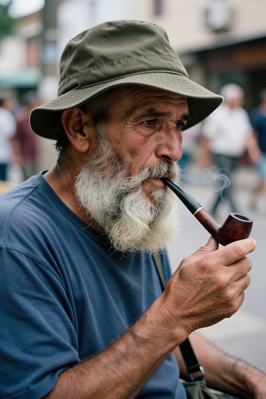 old bearded man with an extremely long wild white beard and moustache,  weathered face partially hidden in shadow,  smokin...