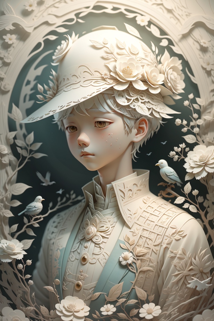 (A boy),Paper carving art,bird,solo,fantasy - inspired art,digital art wonders,flower,hat,short hair,white hair,white flower,<lora:Paper carving art纸雕艺术:1.2>,Clean background,暖色,温暖的光线,