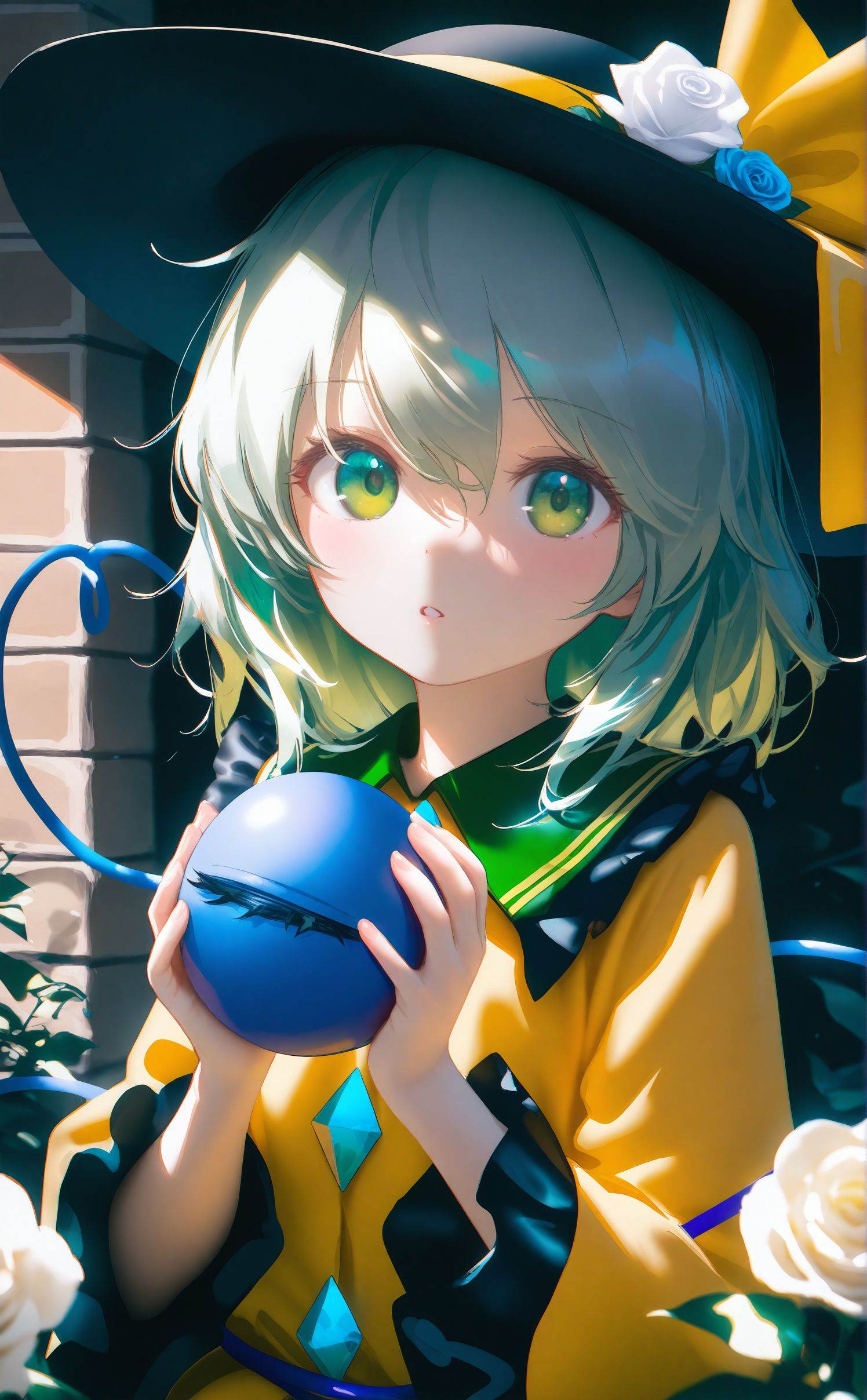 masterpiece,absurdres,best quality,high quality,chromatic_aberration,night,darkness,black theme,photorealistic,high contrast,high saturation,loli,loli,loli,//,1girl,komeiji koishi,hat,solo,green eyes,flower,third eye,rose,wide sleeves,long sleeves,frills,black headwear,looking at viewer,yellow shirt,frilled sleeves,shirt,upper body,green hair,bubble,blue flower,hat flower,yellow bow,frilled shirt collar,blue rose,white flower,bow,hair between eyes,hat ribbon,parted lips,holding,hat bow,white rose,short hair,ribbon,medium hair,buttons,blouse,hands up,yellow ribbon,eyeball,plant,fingernails,vines,diamond button,leaf,thorns,floral print,soap bubbles,collared shirt,expressionless,koishi day,heart,open mouth,brick wall,blush,<lora:Nai4 Amei zc:1>,