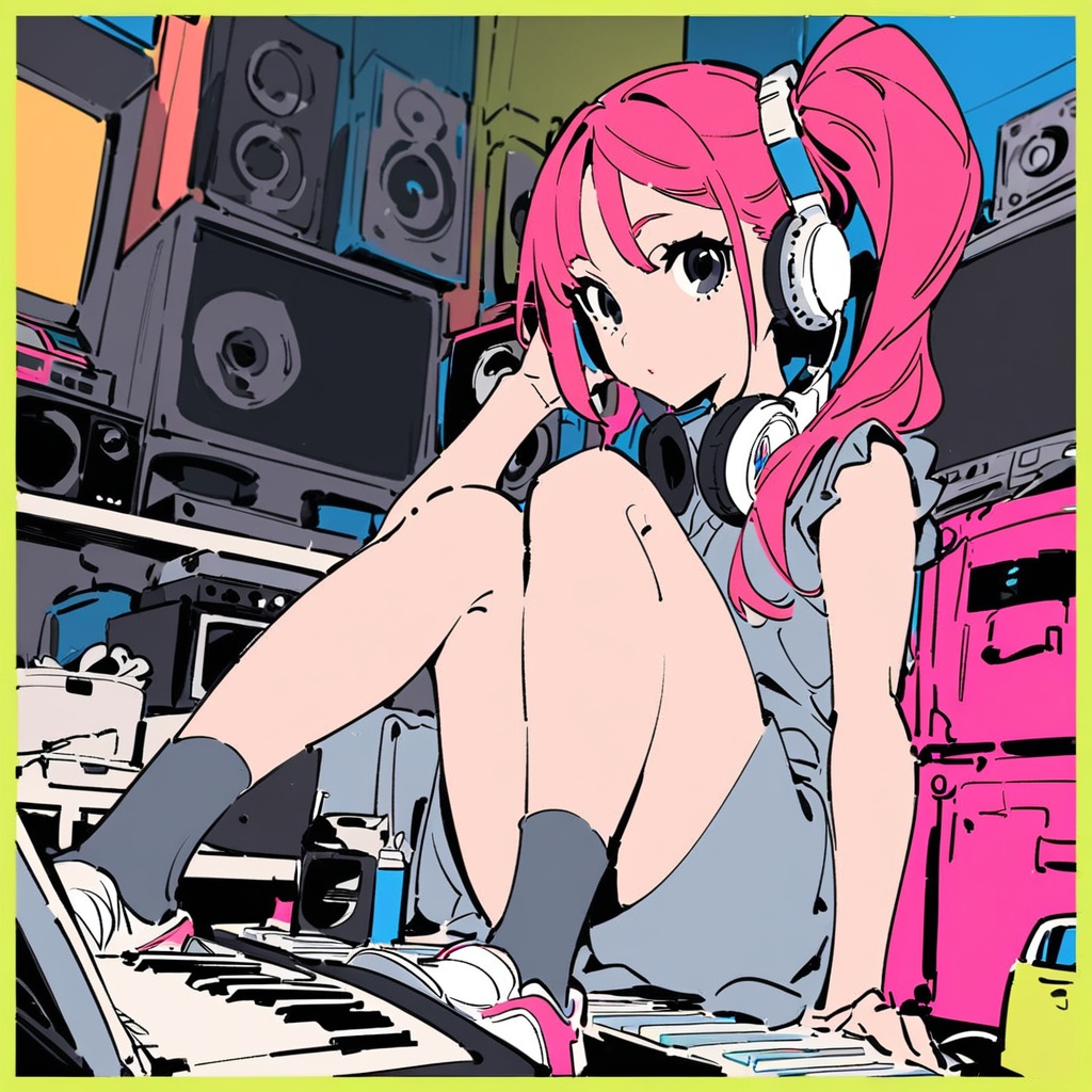 masterpiece, best quality, <lora:yoneyama-a31:1>,flat color, yoneyama mai, 1girl, headphones, solo, headphones around neck, computer, sitting, keyboard (instrument), instrument, laptop, shoes, sneakers, cup, keyboard (computer), socks, twintails, looking at viewer, speaker, food, box, red hair, indoors, pink hair, long hair, dress, shirt, black eyes, knees up, amplifier, monitor, hand on headphones, cable, white dress, border, grey dress, side ponytail, drinking straw, bangs, grey socks, controller, sleeveless, guitar, microphone