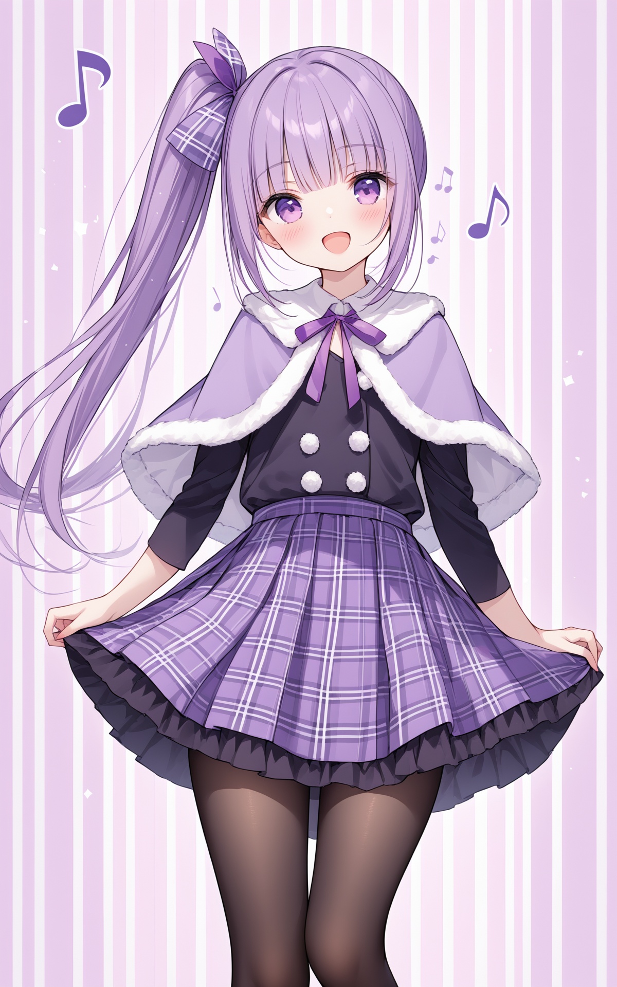 (masterpiece), (bestquality), 1girl, solo, purple eyes, long hair, pantyhose, ribbon, smile, open mouth, skirt, hair ribbon, plaid, plaid skirt, musical note, looking at viewer, black pantyhose, :d, capelet, side ponytail, eighth note, treble clef, striped background, very long hair, bangs, purple hair, blush,