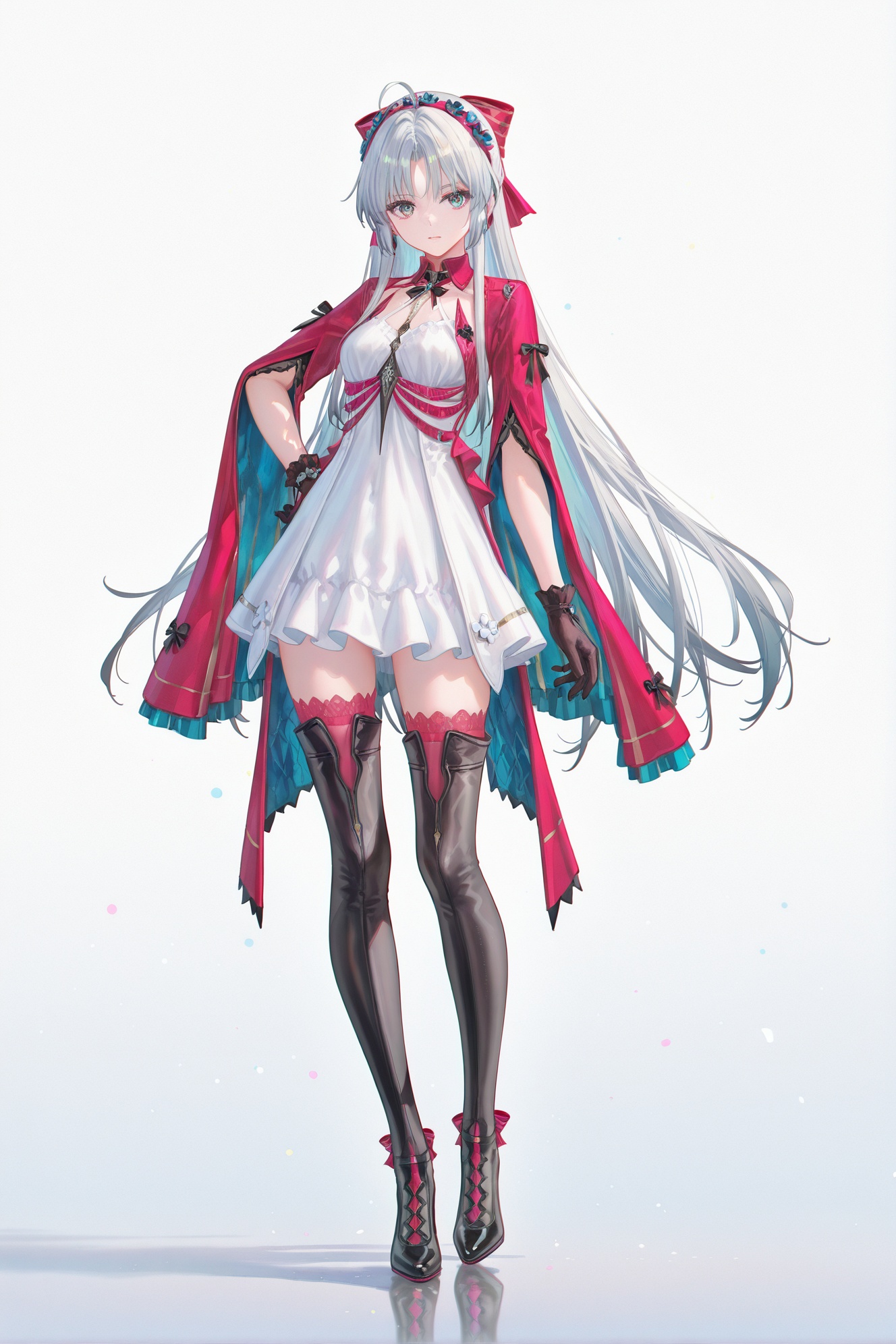 8k,best quality,masterpiece,(ultra-detailed),(high detailed skin),((artist:reoen),(artist:fuzichoco),(artist:atdan),(artist:torino_aqua),year 2024:0.8)1girl,[artist:wlop],[artist:ningen_mame],artist:ciloranko,[[artist:rhasta]],artist:tidsean,colorful,full body,full shot,standing,looking at viewer,(solo:1.2),simple background,(white background:1.2),hand on own hip,(white background:1.1),<lora:Carlotta-ill-Tanger:0.8>,Carlotta, Carlotta def white dress, 1girl, thighhighs, long silver hair,  black footwear, black gloves, A full-body portrait of a young girl,standing gracefully,pastel art style,high-key lighting,shoujo manga influence,hd quality,delicate details,