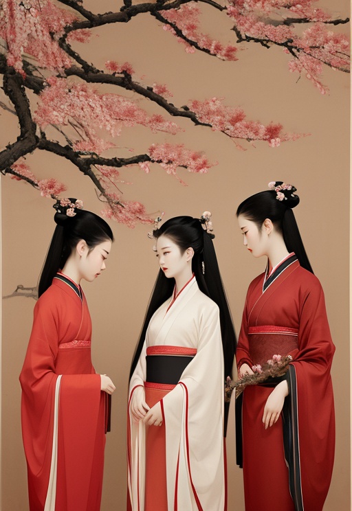 Chinese painting, multiple girls, black hair, 4girls, hanfu, chinese clothes, standing, branch, wide sleeves, long sleeves, shawl, profile, red theme, tree, hair ornament, <lora:Chinese painting_V10:0.9>, 