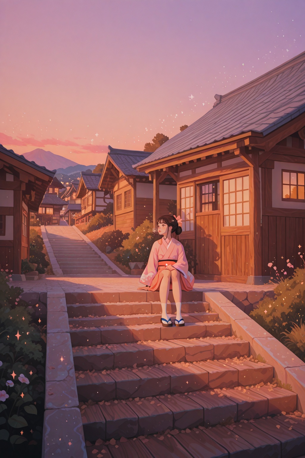 1girl,  japanese village,  wooden houses on Tensor.Art