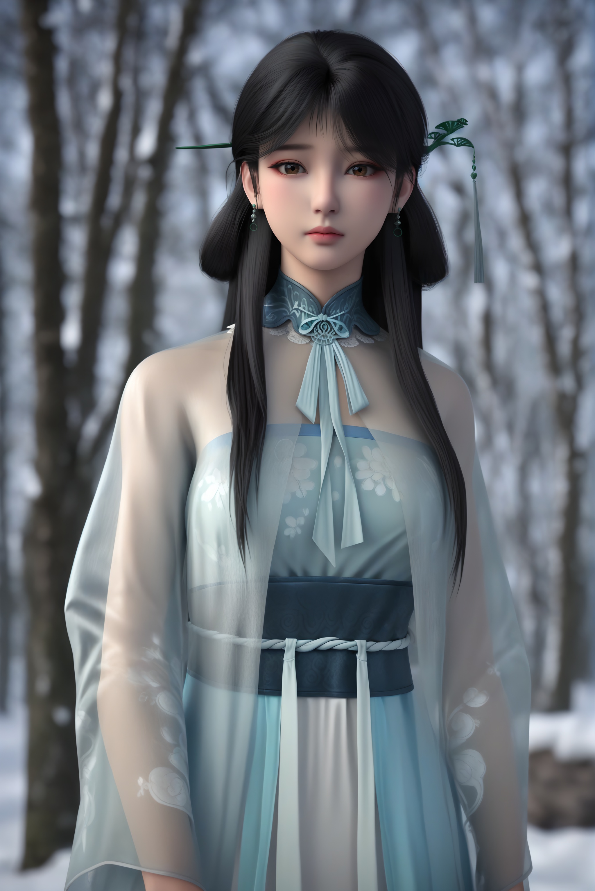 (score_9),collarbone,(narrow waist),(glamor:1.2),slender,<lora:钟秀pony-v2:0.85>,1girl,solo,zhongxiu,long hair,black hair,hairpin,tassel,dangling earrings,brown eyes,black_pupils,light blush,sheer overlay,mandarin collar,neck ribbon,light blue dress,wide sleeves,sash,green hairpin,ginkgo leaf design,lace trim,floral embroidery,silk,translucent fabric,embroidered pattern,layered,looking at viewer,(front view),cowboy shot,BREAKin snow,Tyndall effect,available light,depth of field,tree,snowflakes,branch,twig,4K ultra HD,sharp focus,high detail,natural lighting,high contrast,