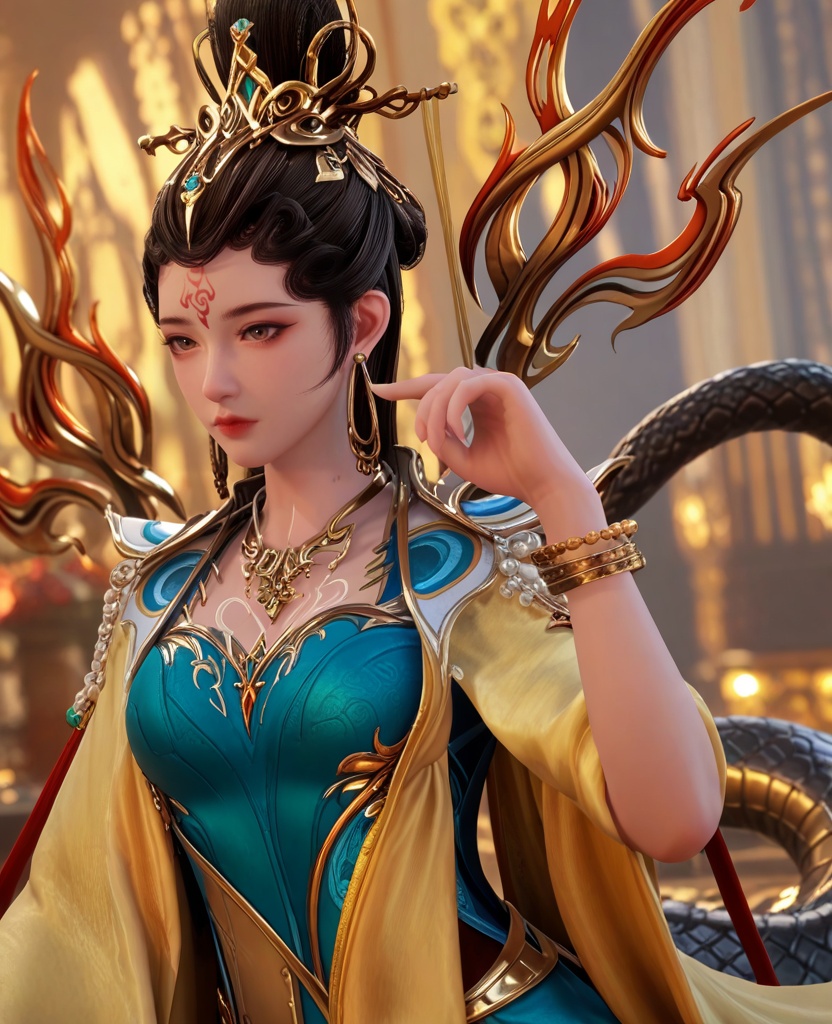 (oriental architecture, elegant decor, sophisticated style:1.1),(Mask Adjustment, Adjusting the superhero mask with a serious or determined expression,:1.1),(breasts:1.2),<lora:XL师兄啊女娲圣人:0.95>,miss nuwa,snake tail,jewelry,earrings,forehead mark,bracelet,chinese clothes,blue dress,shawl sleeves,brown eyes,hair bun,necklace,, score_9,score_8_up,score_7_up,score_6_up,score_5_up,score_4_up,3d rendering,tag1,tag2, Cinematic Lighting,backlighting,