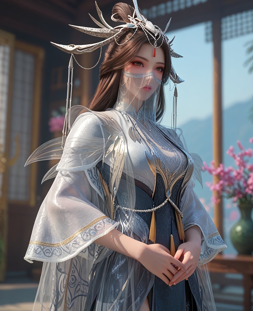 (oriental architecture, elegant decor, sophisticated style:1.1),(Standing, hands in pockets,:1.1),(breasts:1.2),<lora:XL百炼成神玉婆婆:0.9>,miss yupopo,long hair,veil,black hair,hair ornament,dress,mouth veil,brown eyes,see-through,jewelry,, zPDXL2, score_9, score_8_up, score_7_up BREAK realistic, masterpiece,best quality, highly detailed,, zPDXL3, zPDXL2,zPDXL, zPDXLxxx, zPDXLrl,