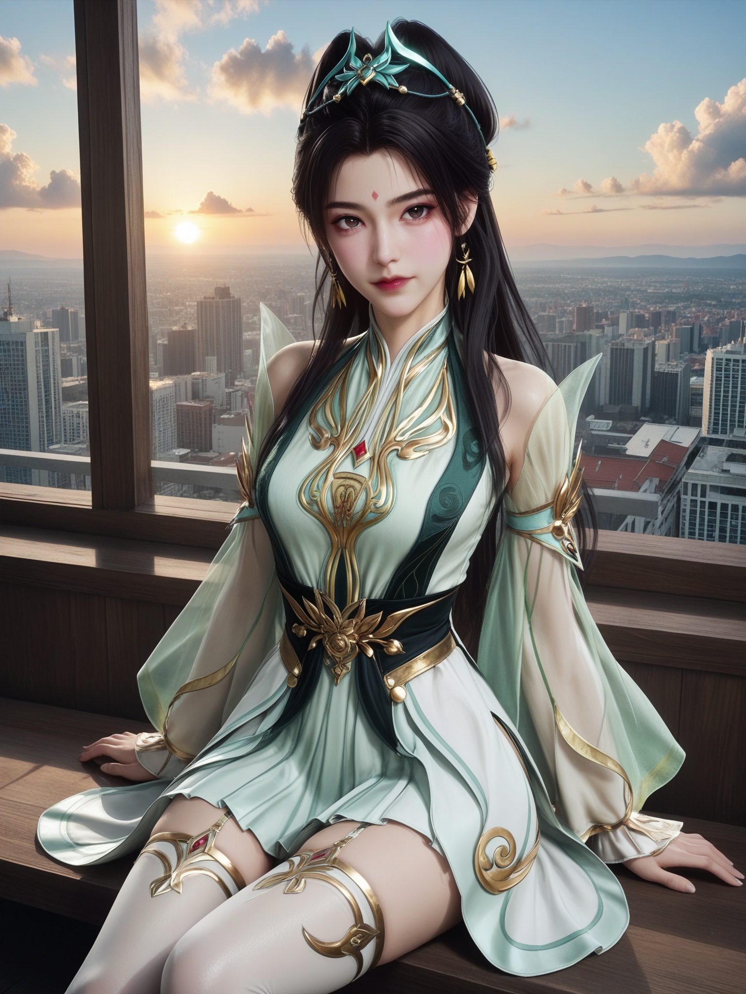 score_9_up,1girl,solo,thighhighs,sitting,window,single_thighhigh,frills,black_thighhighs,sky,cloud,indoors,cityscape,closed_mouth,sunset,looking at viewer,<lora:师兄啊师兄-龙吉公主Pony:0.6>,long,jet-black hair is styled in a high ponytail,adorned with a delicate,ornate headpiece,wears an elaborate,high-collared,white robe with intricate,golden embroidery and a V-shaped neckline,