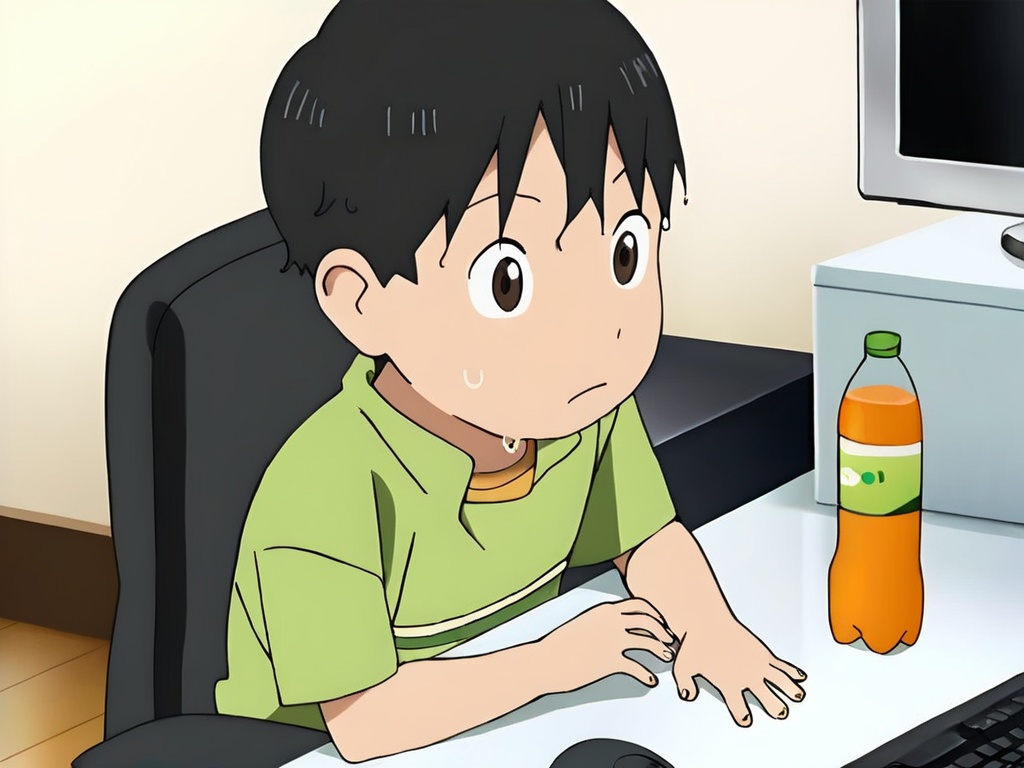<lora:Yuki_XL:1>,best quality,best detail,masterpiece,indoors,black e-sports chair,big white computer desk,in front of the computer desk,sitting_on_chair,black keyboard and black mouse,wet wipes and beverage bottles,male focus,solo,1boy,toddler,green short sleeve,shorts,petite,thin eyebrows,short hair,black hair,slippers,perfect correct eyes,brown eyes,wide-eyed,concentrating,looking_at_screen,((perfect hands,5fingers:1.3)),hands on keyboard and mouse,correct anatomy,chromatic_aberration,available light,huge filesize,