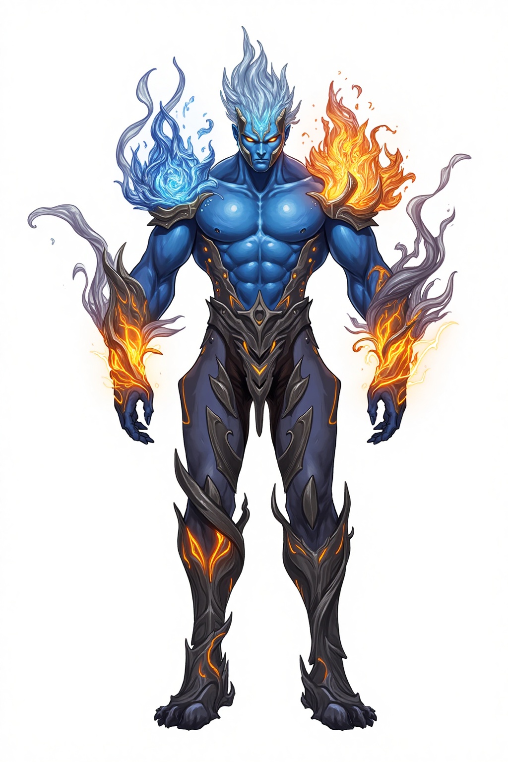 HEZI,Elemental Spirit,Character Design,full body,white background,game character,1boy,Light texture,water ripple texture,flame texture,wind ripple texture,flame arm texture,fiery hair,solo,blue skin,male focus,armor,colored skin,glowing,fire,white background,glowing eyes,full body,standing,simple background,no pupils,